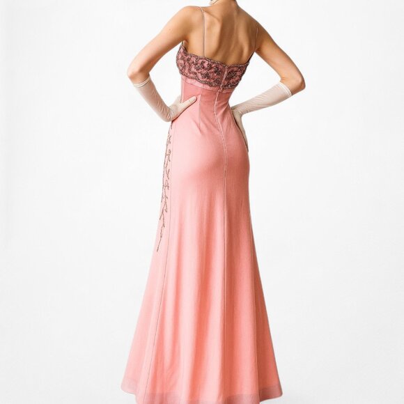 Vintage Pink Knit Bodycon Floral Beaded Mesh Maxi Prom Dress Size M/L - Picture 3 of 10